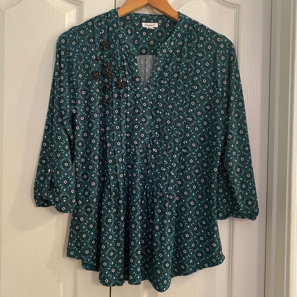 3/4 Sleeve Top w/ Beautiful Beaded Flower Design
